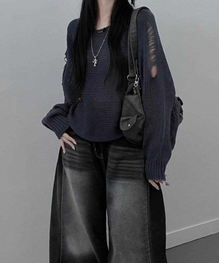 메르데미지헤짐크롭긴팔니트 블루