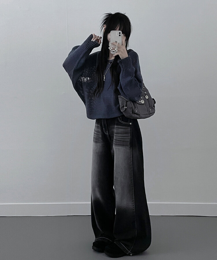 메르데미지헤짐크롭긴팔니트 블루