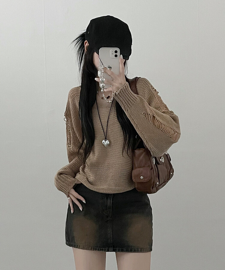 메르데미지헤짐크롭긴팔니트 코코아