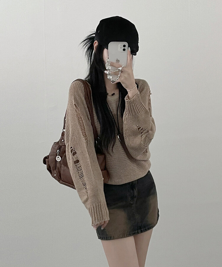 메르데미지헤짐크롭긴팔니트 코코아