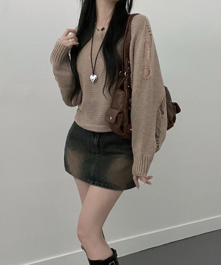 메르데미지헤짐크롭긴팔니트 코코아