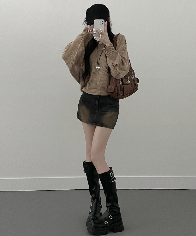 메르데미지헤짐크롭긴팔니트 코코아