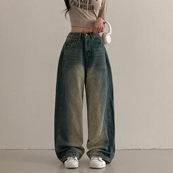 테브 옆핀턱 빈티지 워싱 데님 와이드 팬츠 진청