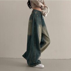 테브 옆핀턱 빈티지 워싱 데님 와이드 팬츠 진청