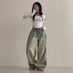 테브 옆핀턱 빈티지 워싱 데님 와이드 팬츠 연청