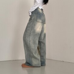 테브 옆핀턱 빈티지 워싱 데님 와이드 팬츠 연청