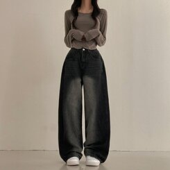 테브 옆핀턱 빈티지 워싱 데님 와이드 팬츠 블랙