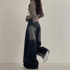 테브 옆핀턱 빈티지 워싱 데님 와이드 팬츠 블랙
