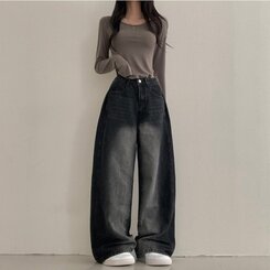 테브 옆핀턱 빈티지 워싱 데님 와이드 팬츠 블랙