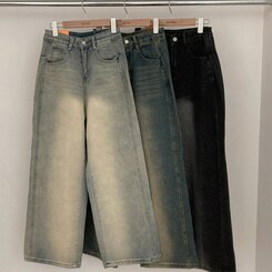 테브 옆핀턱 빈티지 워싱 데님 와이드 팬츠