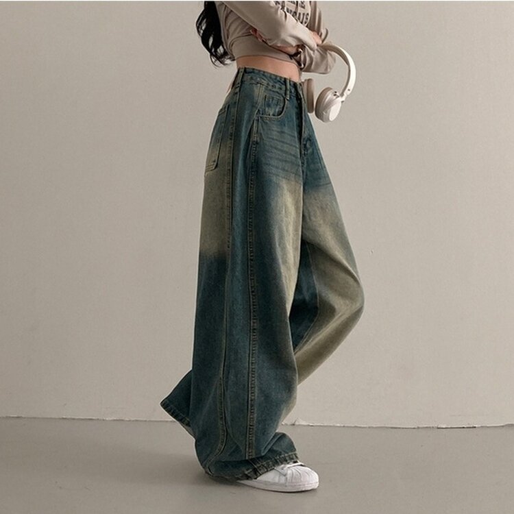 테브 옆핀턱 빈티지 워싱 데님 와이드 팬츠 진청