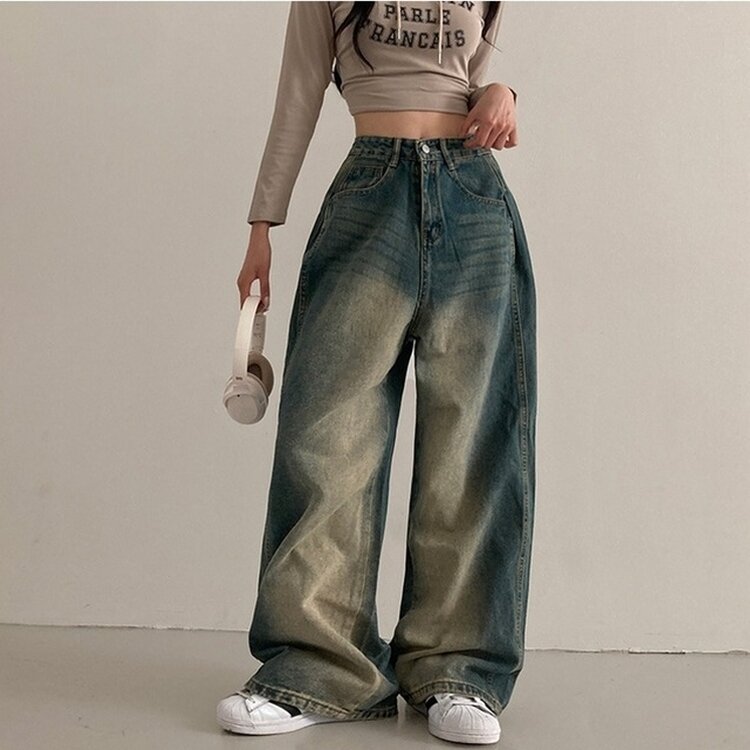 테브 옆핀턱 빈티지 워싱 데님 와이드 팬츠 진청