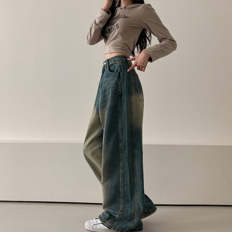 테브 옆핀턱 빈티지 워싱 데님 와이드 팬츠 진청