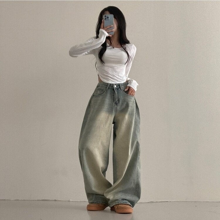 테브 옆핀턱 빈티지 워싱 데님 와이드 팬츠 연청