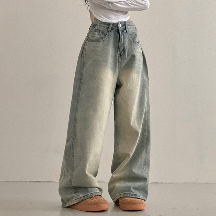 테브 옆핀턱 빈티지 워싱 데님 와이드 팬츠 연청