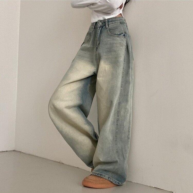 테브 옆핀턱 빈티지 워싱 데님 와이드 팬츠 연청