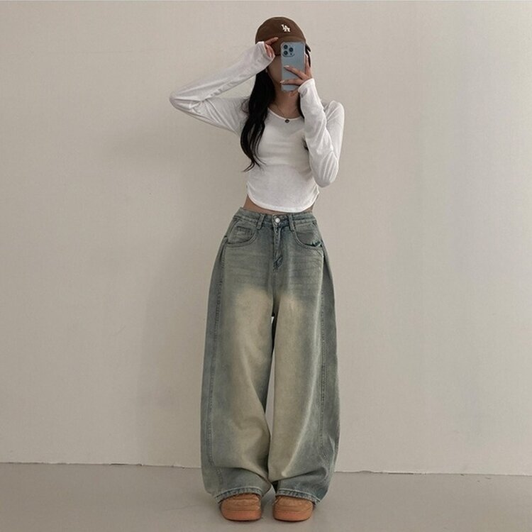 테브 옆핀턱 빈티지 워싱 데님 와이드 팬츠 연청