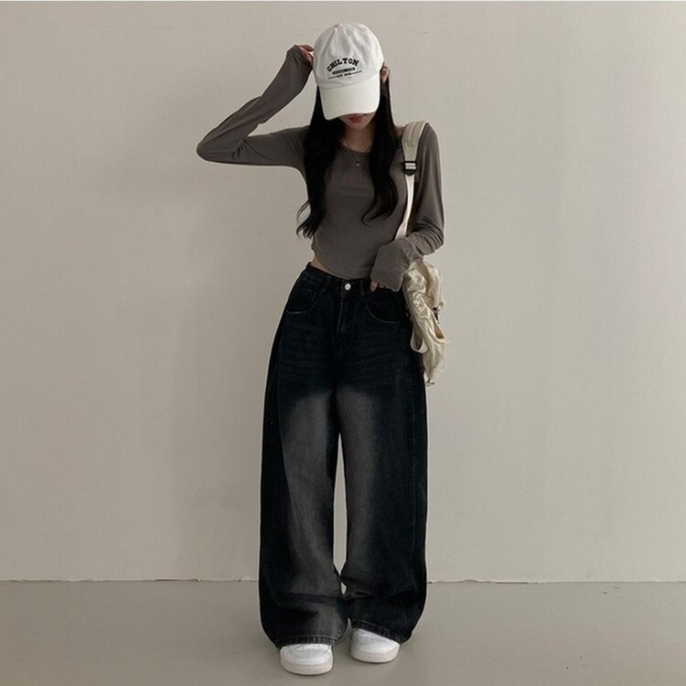 테브 옆핀턱 빈티지 워싱 데님 와이드 팬츠 블랙