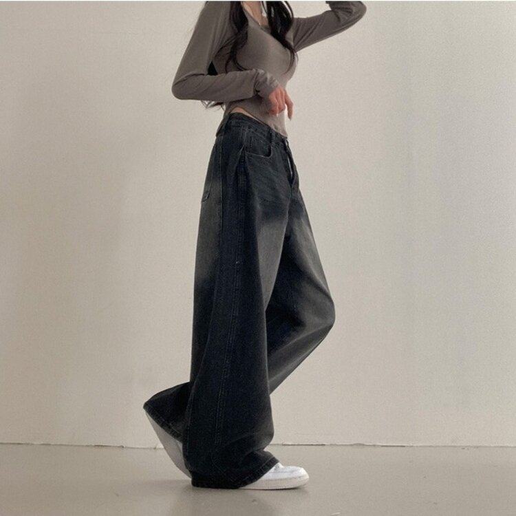 테브 옆핀턱 빈티지 워싱 데님 와이드 팬츠 블랙