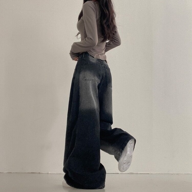 테브 옆핀턱 빈티지 워싱 데님 와이드 팬츠 블랙