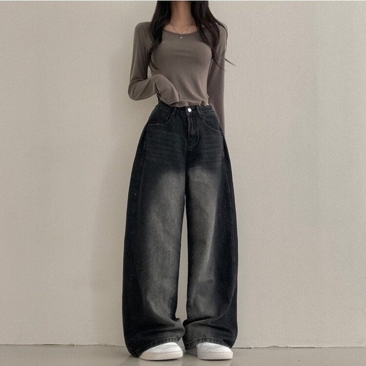 테브 옆핀턱 빈티지 워싱 데님 와이드 팬츠 블랙