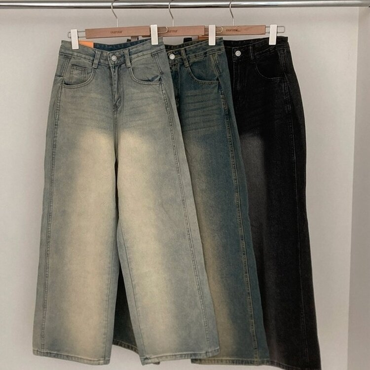 테브 옆핀턱 빈티지 워싱 데님 와이드 팬츠