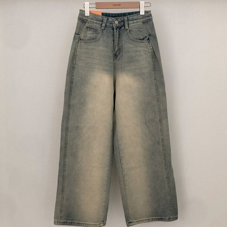 테브 옆핀턱 빈티지 워싱 데님 와이드 팬츠