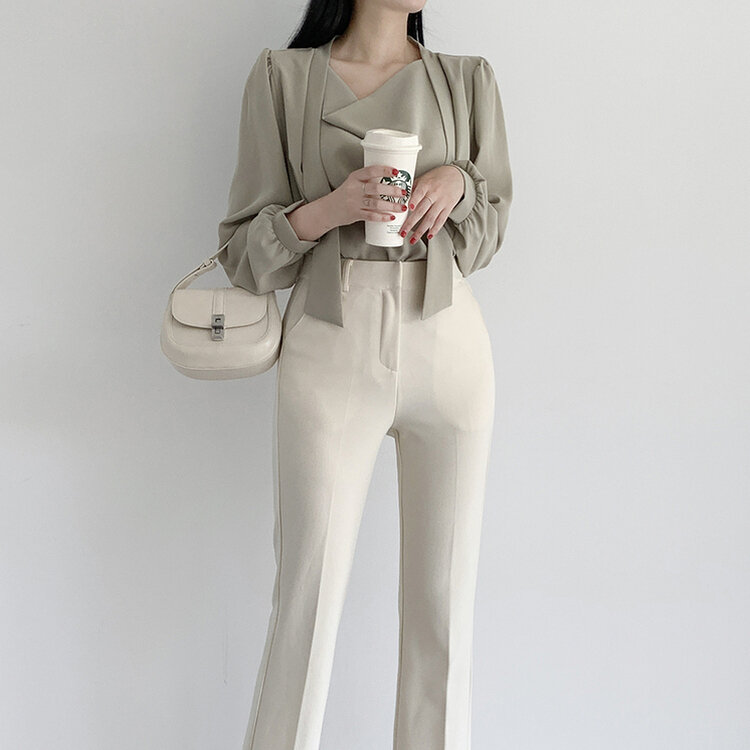 ドレープタイ長袖ブラウス KHAKI