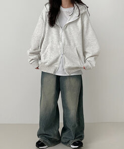 オーバーフィットフードジップアップ WHITE MELANGE