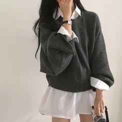 スリムフィットラウンドニット(6color) CHARCOAL