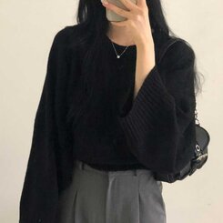 スリムフィットラウンドニット(6color) BLACK