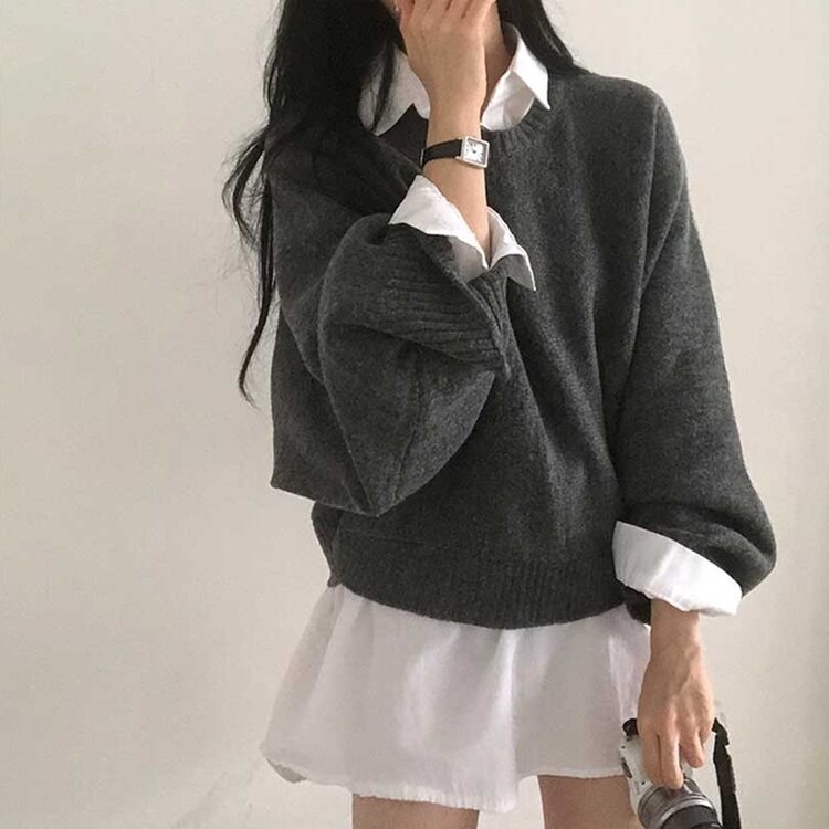 スリムフィットラウンドニット(6color) CHARCOAL