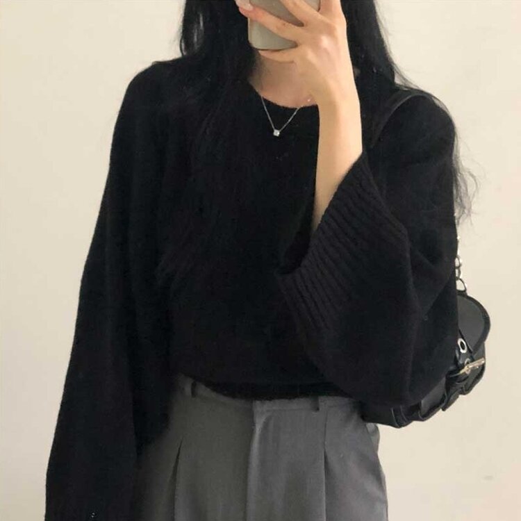 スリムフィットラウンドニット(6color) BLACK