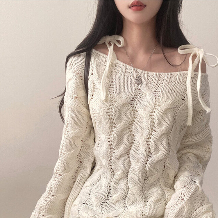 휴이 보트넥 리본 꽈배기 어깨 트임 오프숄더 루즈핏 니트 아이보리