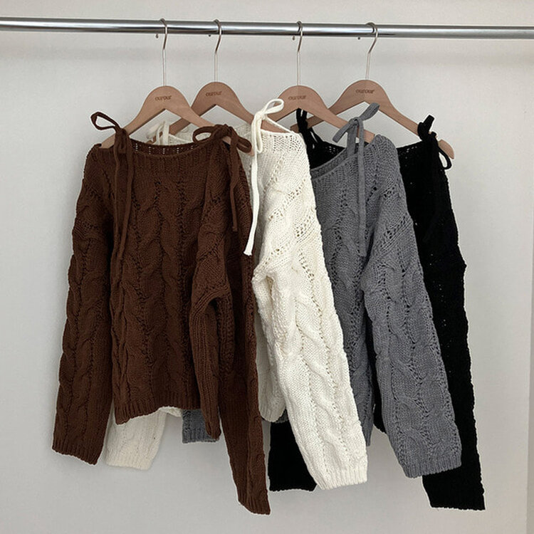 휴이 보트넥 리본 꽈배기 어깨 트임 오프숄더 루즈핏 니트