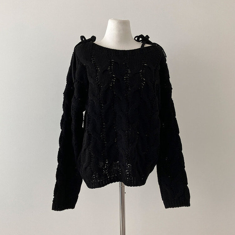 휴이 보트넥 리본 꽈배기 어깨 트임 오프숄더 루즈핏 니트