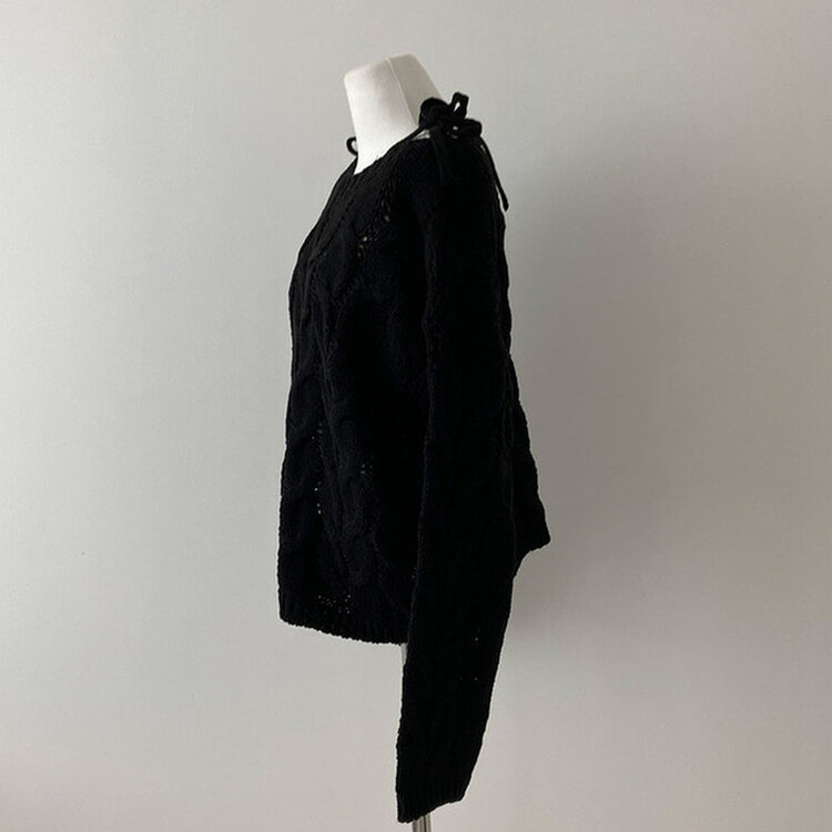 휴이 보트넥 리본 꽈배기 어깨 트임 오프숄더 루즈핏 니트