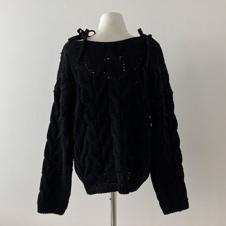 휴이 보트넥 리본 꽈배기 어깨 트임 오프숄더 루즈핏 니트