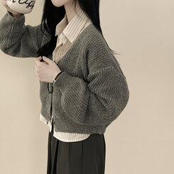 고퀄 아방핏 브이넥 하찌 크롭 벌룬 니트가디건 다크그레이