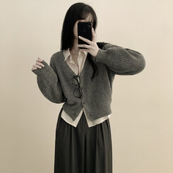 고퀄 아방핏 브이넥 하찌 크롭 벌룬 니트가디건 다크그레이