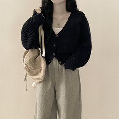 고퀄 아방핏 브이넥 하찌 크롭 벌룬 니트가디건 다크네이비