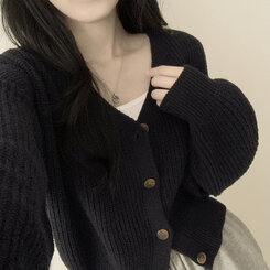 고퀄 아방핏 브이넥 하찌 크롭 벌룬 니트가디건 다크네이비