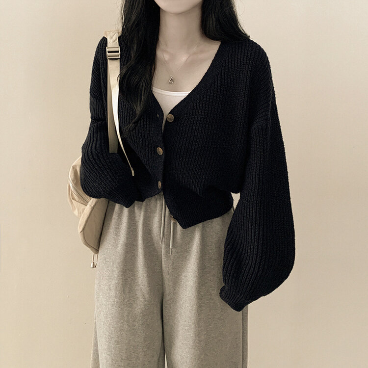 고퀄 아방핏 브이넥 하찌 크롭 벌룬 니트가디건 다크네이비