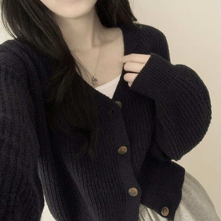 고퀄 아방핏 브이넥 하찌 크롭 벌룬 니트가디건 다크네이비