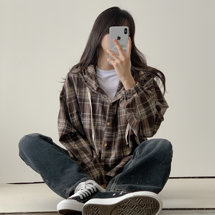 オーバーフィットチェックフード長袖シャツ CHESTNUT BROWN