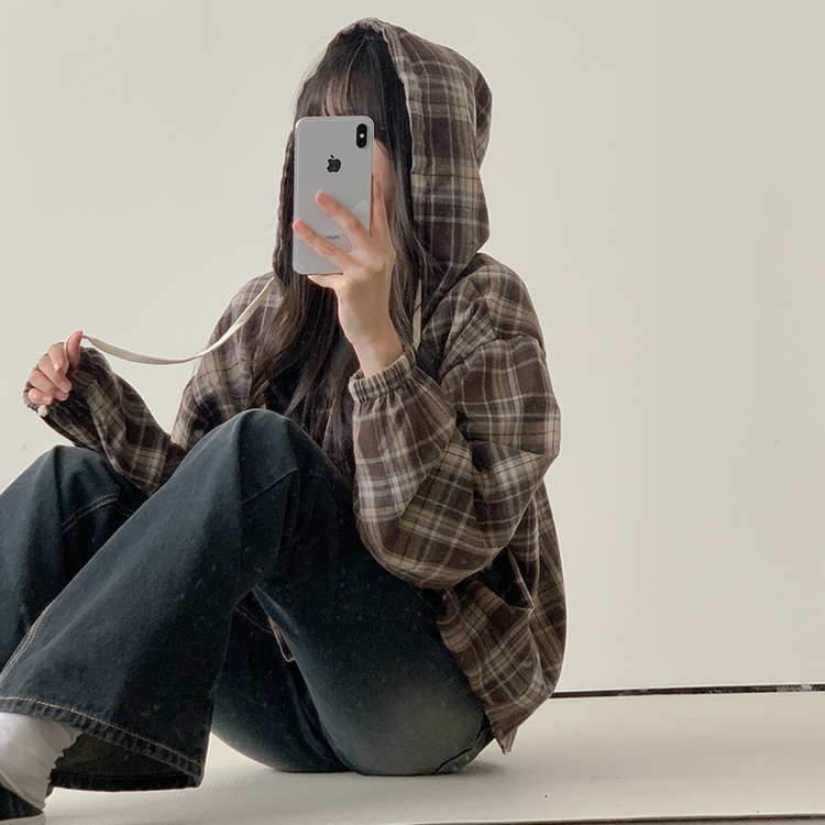 オーバーフィットチェックフード長袖シャツ CHESTNUT BROWN