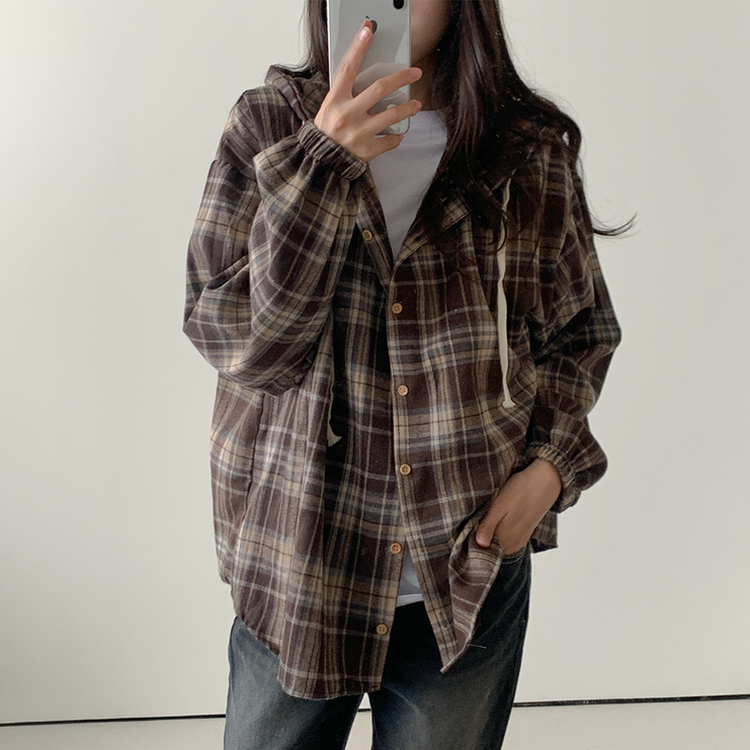 オーバーフィットチェックフード長袖シャツ CHESTNUT BROWN