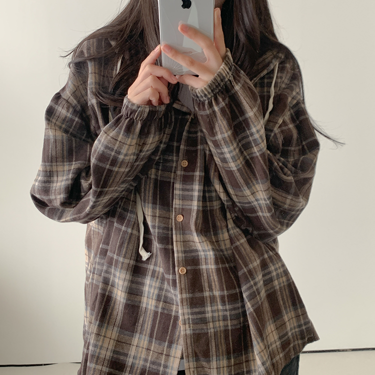 オーバーフィットチェックフード長袖シャツ CHESTNUT BROWN