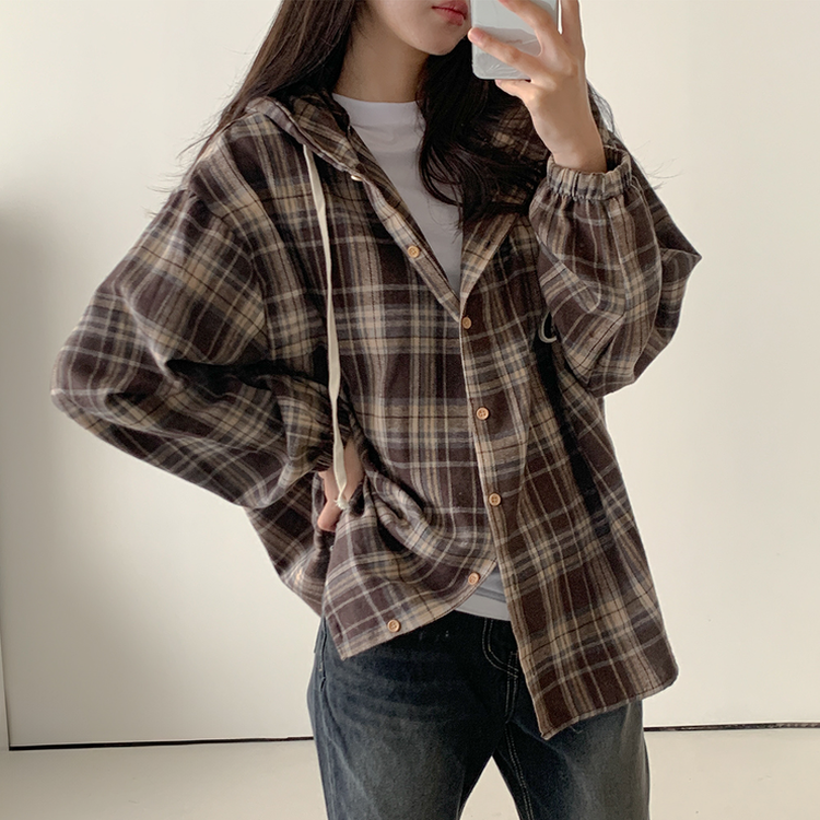 オーバーフィットチェックフード長袖シャツ CHESTNUT BROWN