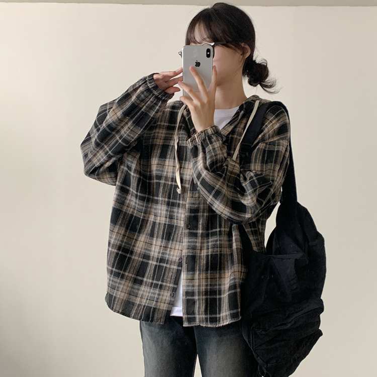 オーバーフィットチェックフード長袖シャツ BLACK